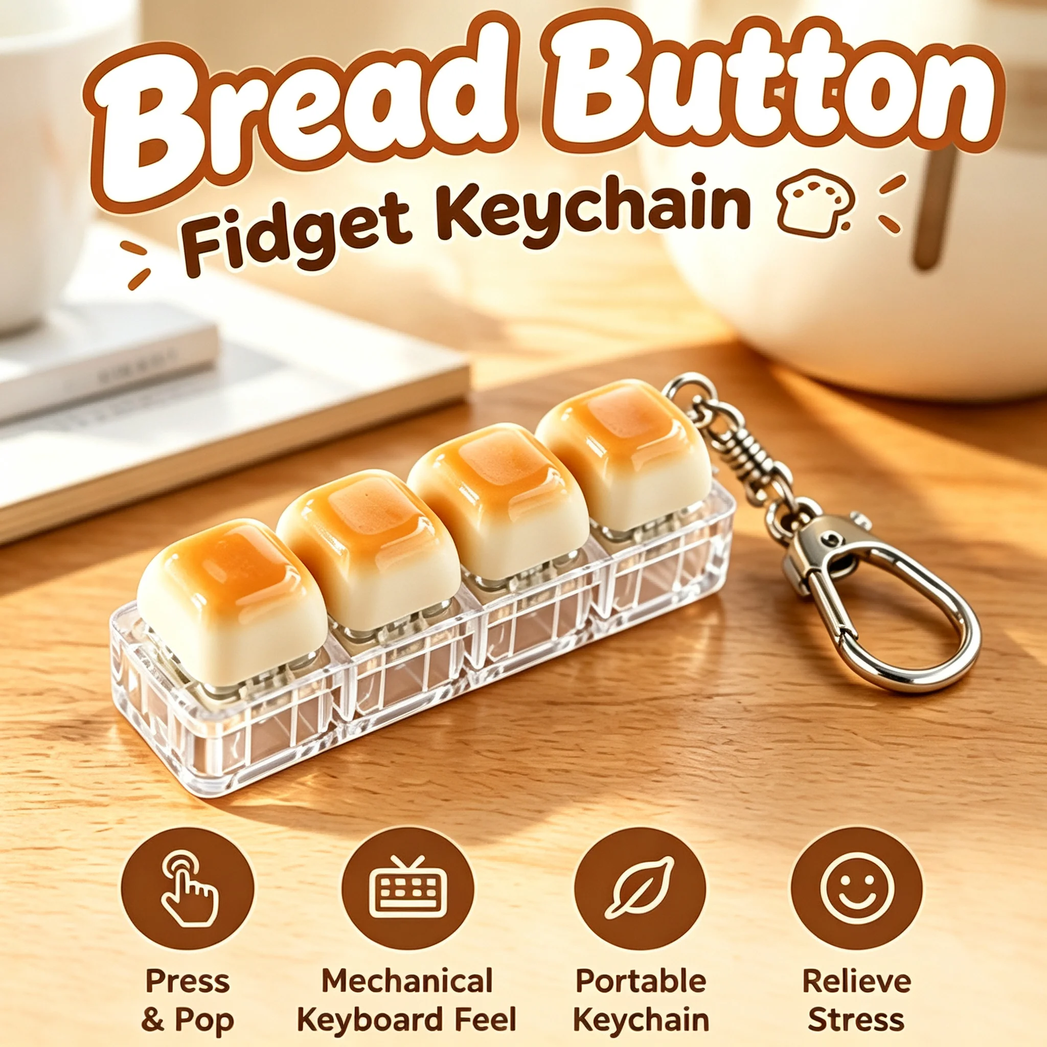 Realistic Bread Shape 4 Keys Fidget Clicker Keychain Mechanical Feeling Finger Press ASMR Toy Stress Relief Decompression Gift
