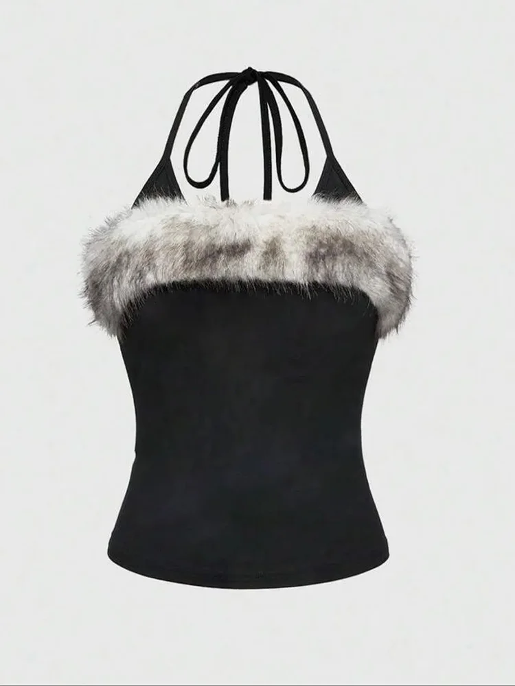 Summer Slim Fit Halter Crop Top Women Faux Fur Trim Tie Back Sleeveless Streetwear Y2K Aesthetic Camisole
