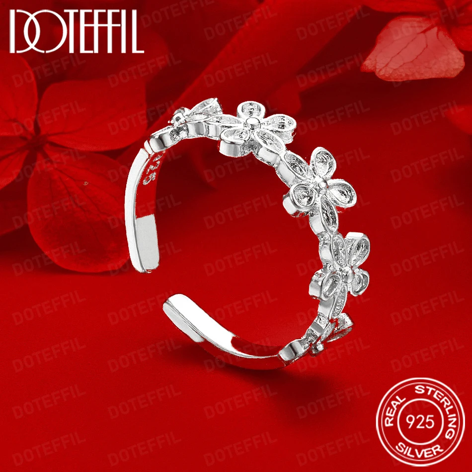 DOTEFFIL 925 Sterling Silver Simple Flower Ring for Women Fashionable Attractive Accessory Jewelry