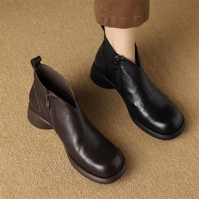 New Autumn Winter Genuine Leather Women Boots Fashion Round Toe Ankle Boot for Women Short Boots Shoes Chunky Heel Botines Mujer
