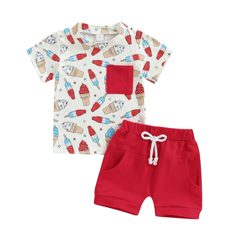 

Toddler Boy 4th of July Outfit Popsicle Print Pocket Short Sleeve T-Shirt with Solid Color Shorts for Independence Day