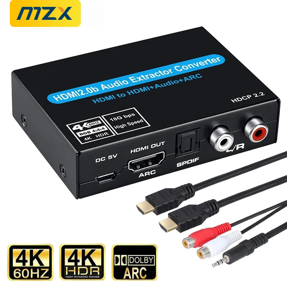 MZX HDMI-совместимый аудиоэкстрактор 4K ARC, оптический сплиттер-адаптер-конвертер с выходами 3.5 мм стерео + L/R, поддерживает 5.1, 3D, 1080P.