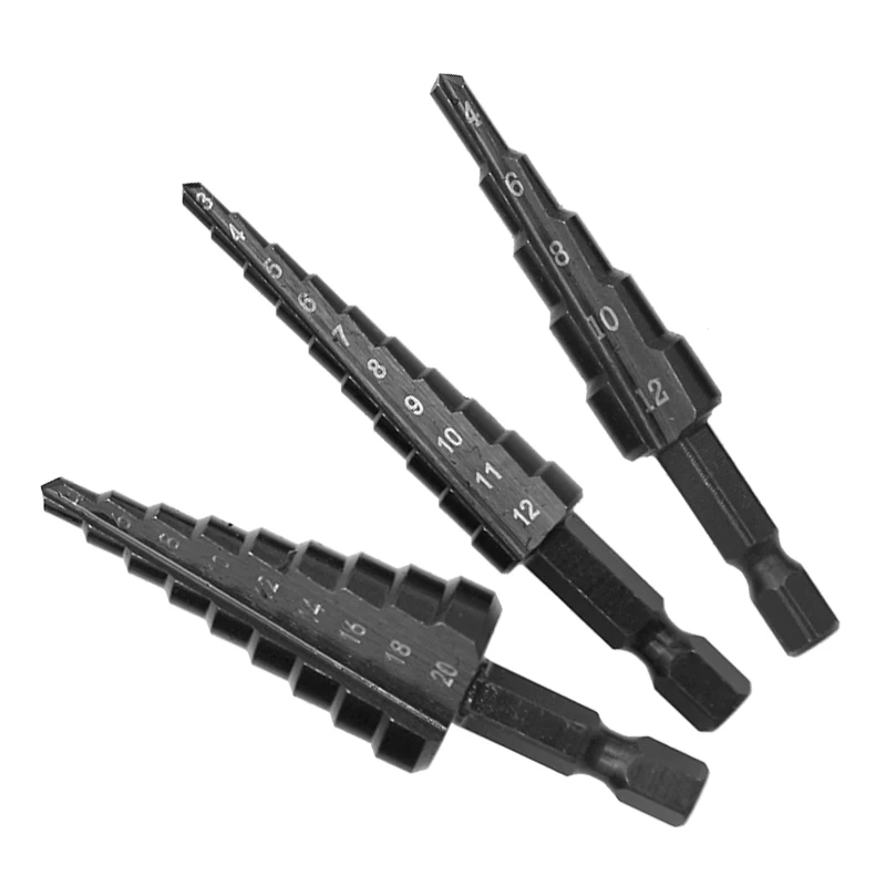 3pc Black Hexagonal Shank Straight Slot Ladder Drill Bit Reaming and Hole Opening Blackened Pagoda Drill Tool Set view 3