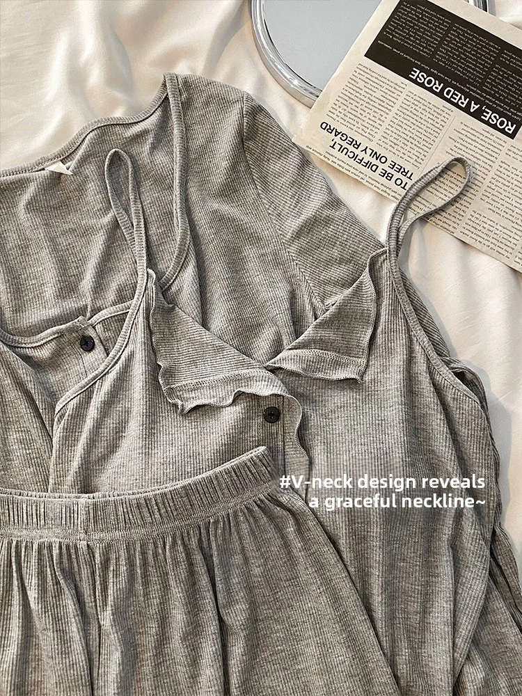 

2024 Summer New Sexy Modal Cotton Spwear Women's Four-piece Set Pure Color Spring Summer Home Clothes Comfortable Long Pants