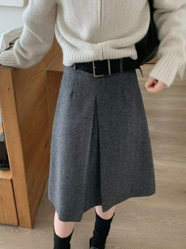 Gonna a trapezio a vita alta Ele Gonna coreana Sle da donna Autunno Inverno Nuova gonna in misto lana Faion con cintura