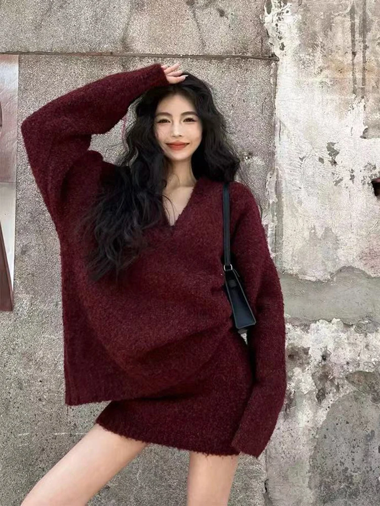 BZVW Korean Ankela Red Knited Two-piece Set Women\'s V-neck Long Sleeves Loose Sweater With High Waist Skirt Elegant 25Z1354