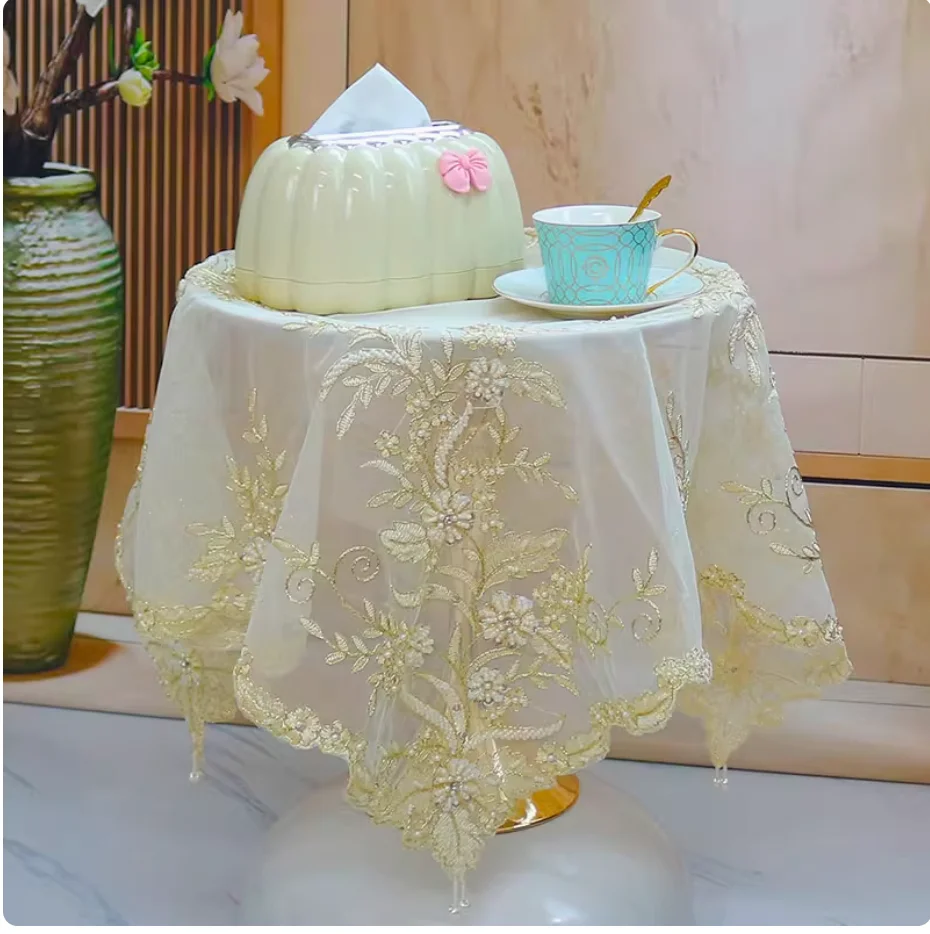 Korean style light luxury lace nail bead bead round table cloth cover cloth European style cylindrical dust cover cover towel