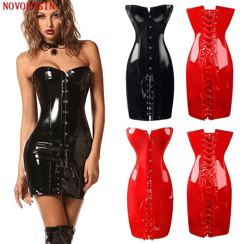 

S-6XL Black Red Plus Size Faux Leather Lady Shaper Underwear Back Bandage New Fashion Adjust PVC Long Bustier Dress Sexy Corset