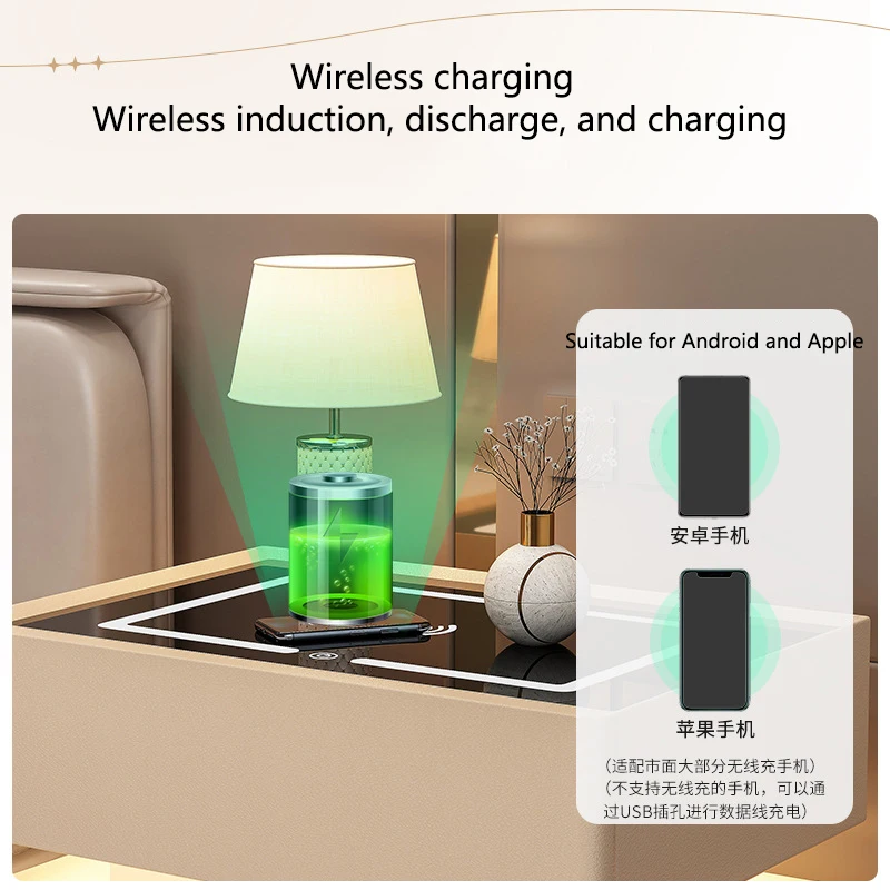 Led Light Wireless Charging Bedside Table With Light Bedroom Full Solid Wood Password Lock Bedside Storage Cabinet