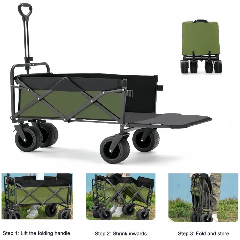 

Large Capacity Foldable Camping Trolley Detachable Four-Way Wide Wheel Picnic Pull Cart 200 lbs Capacity With Side Pockets