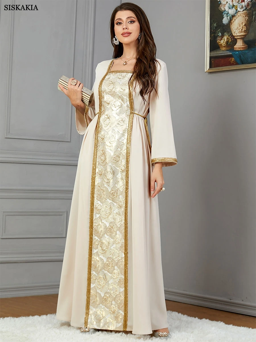 Siskakia Fashion Dubai Abaya Muslim Woman Kaftan With Belt Square Collar Moroccan Saudi Long Dress Elegant Robe Clothing 2024