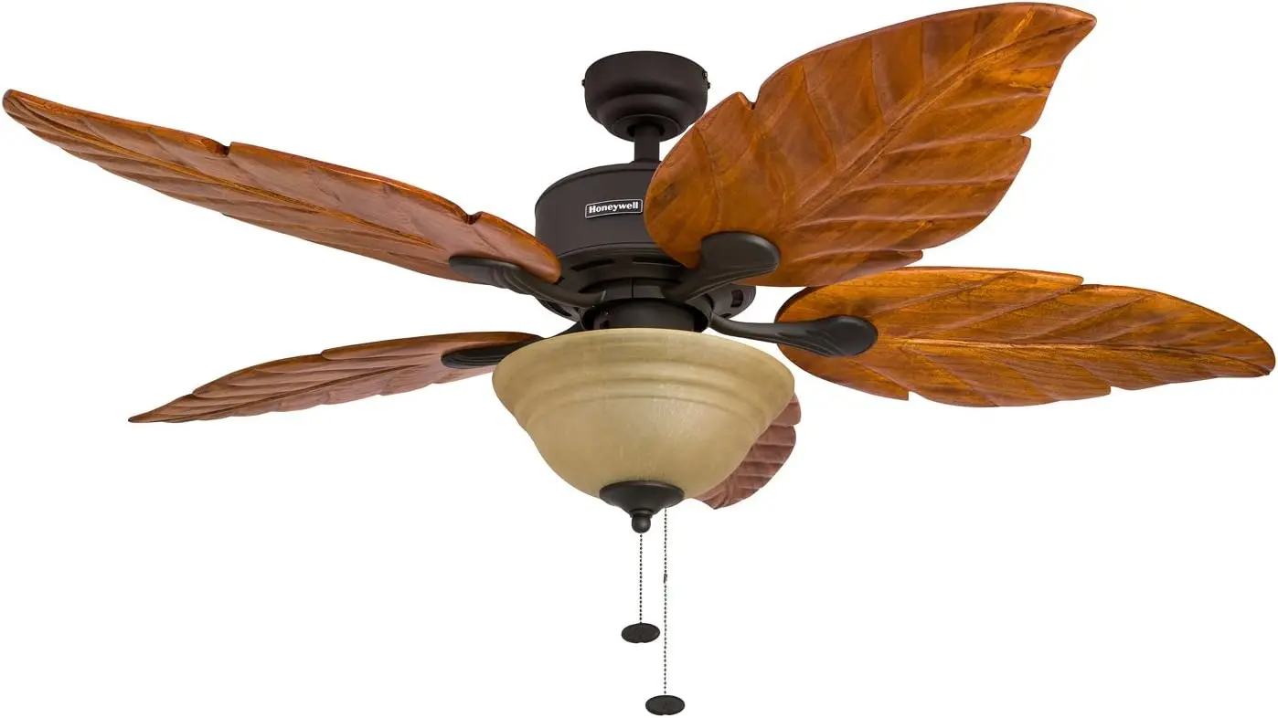 Ceiling Fans Royal Palm, 52 Inch Tropical LED Ceiling Fan with Light, Pull Chain, Three Mounting Options, Hand Carved Solid Wood