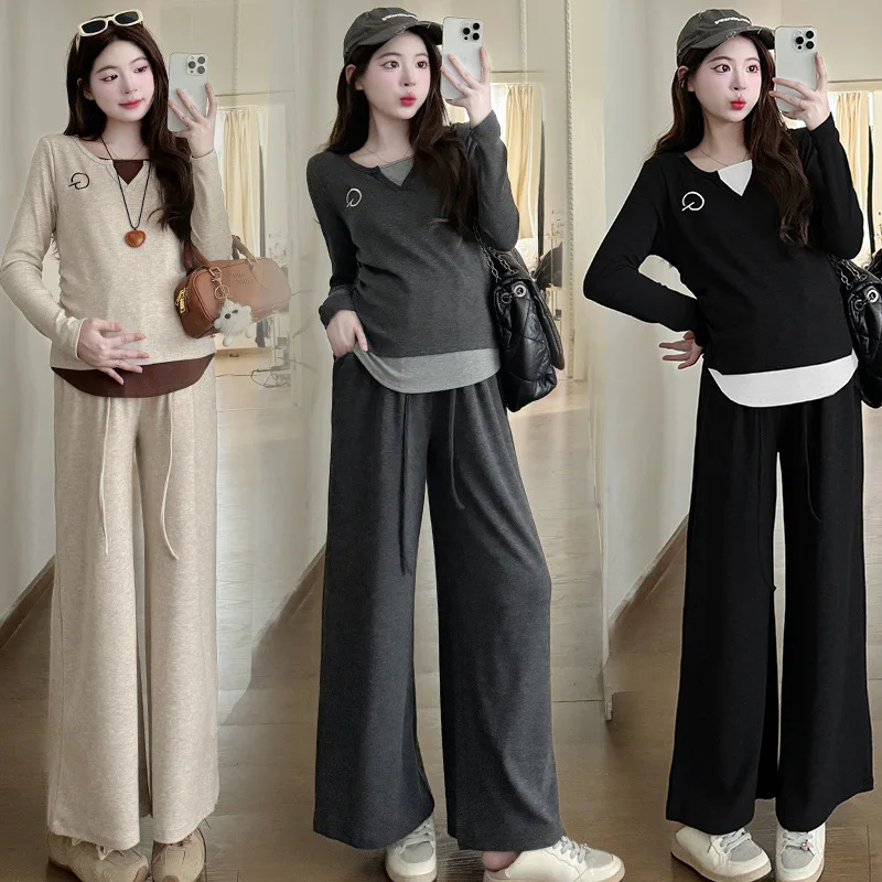 2025 ملابس الحمل المريحة الشتاء وهمية طبقتين متماسكة مع بنطال ذو قصة أرجل واسعة الاسترخاء الأمومة قطعتين مجموعة مريحة