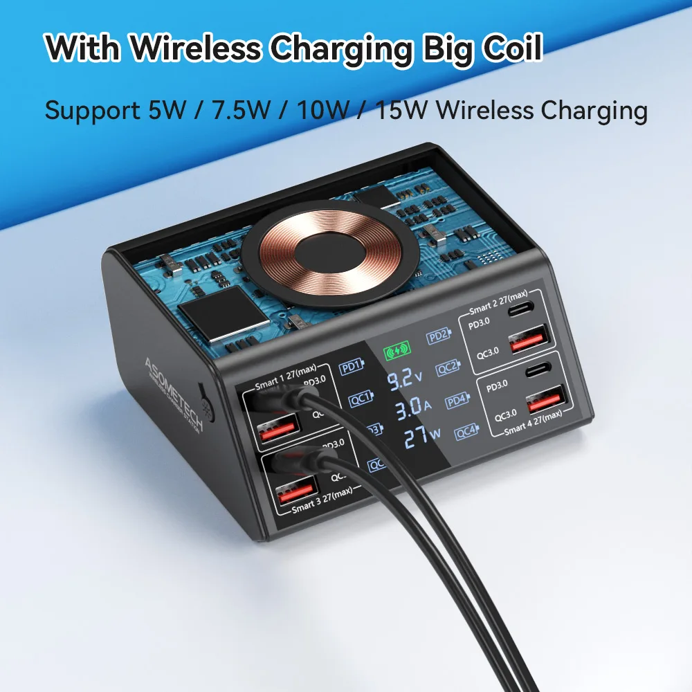 ASOMETECH 100W USB C Fast Charger Station,4 QC3.0 + 4 PD3.0 PPS + Wireless Charging,9 in 1 USB Charger For Samsung iPhone iPAD