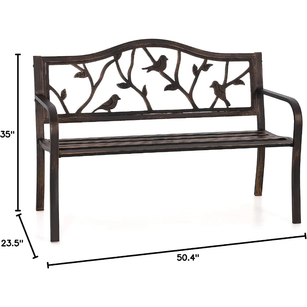 PHI VILLA Outdoor Patio 50 Inch Metal Park Bench, Bronze Bird Pattern