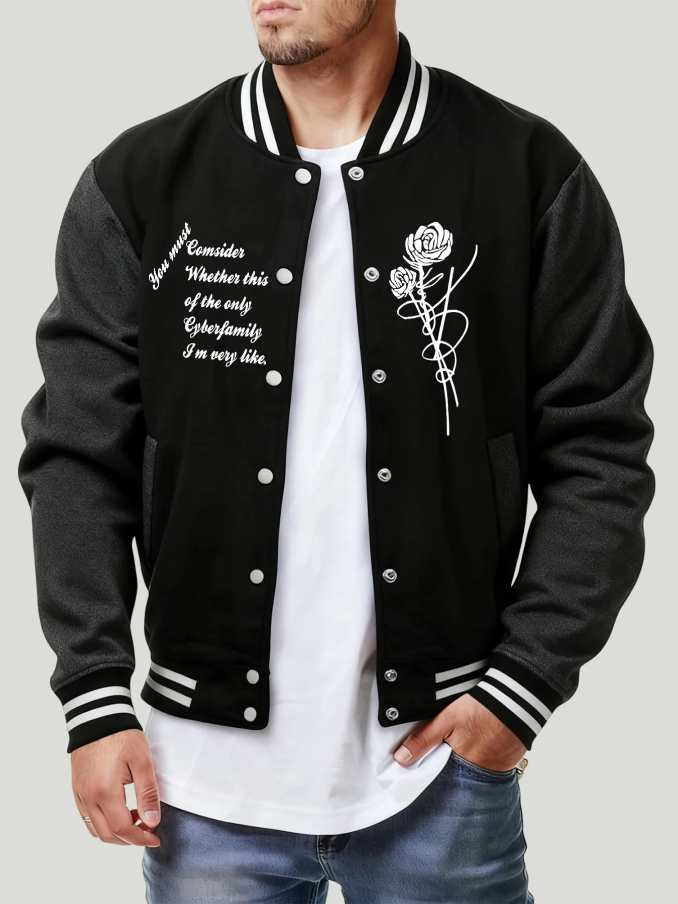 Rose Motivational Statements Pattern Men Jackets Hip Hop Casual Baseball Jersey Fleece Loose Clothes Autumn Coat Vintage Top