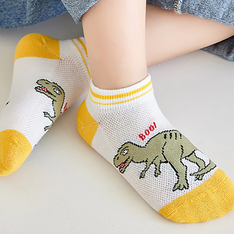 Boys Cartoon Dinosaur Comfortable Breathable Mesh Socks Thin and Lightweight  Spring and Summer Activities Socks 5 Pairs Set