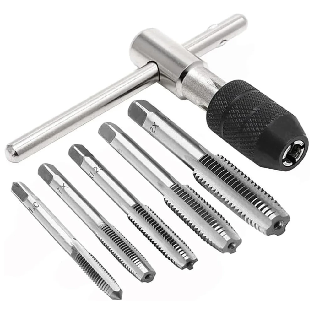 

6 Pcs Adjustable T-Handle Tap Wrench Set Ratchet Tap Holder Wrench with 5pcs Metric M3 M4 M5 M6 M8 Machine Screw Taps Kit