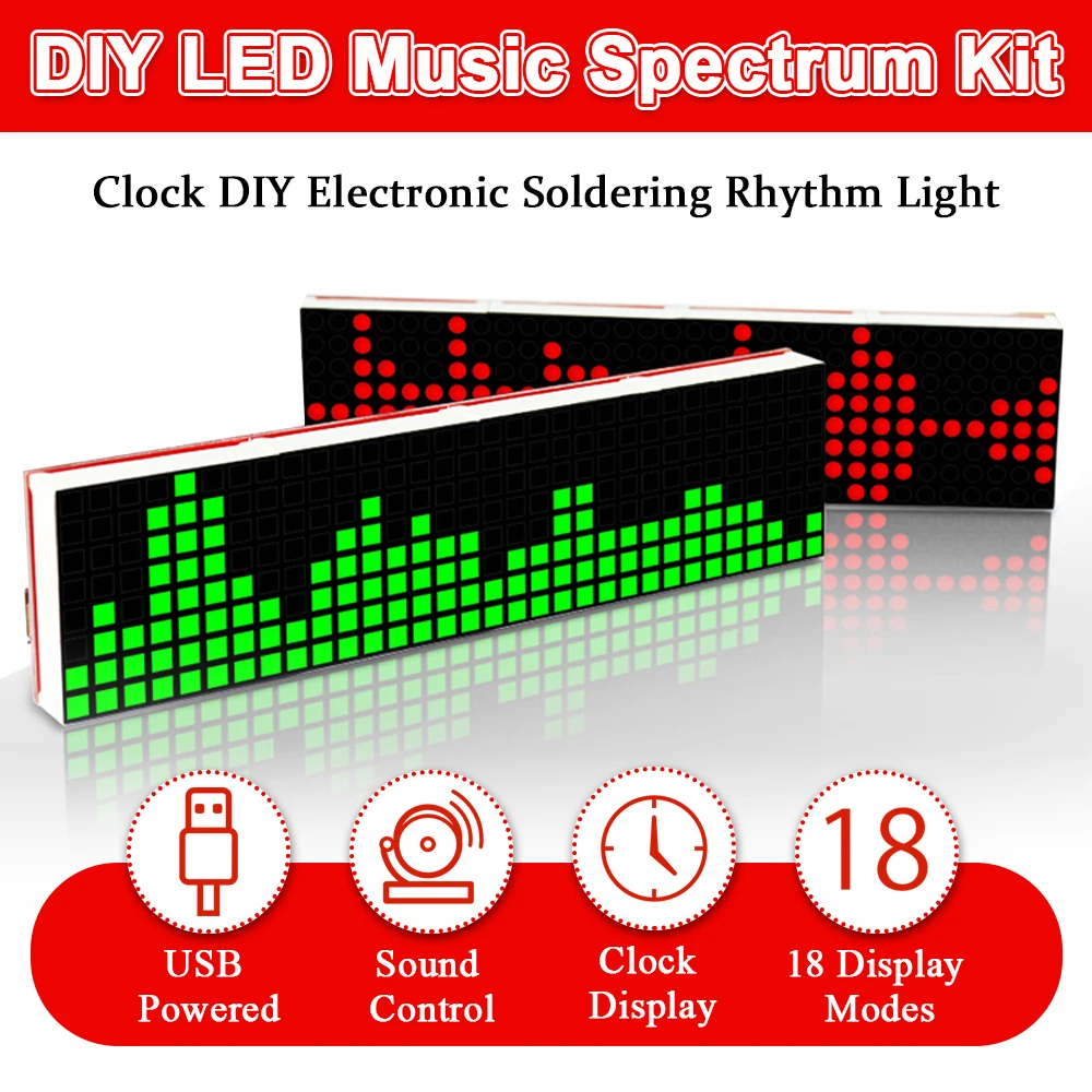DIY LED Music Spectrum DS1302 Dot Matrix Clock Electronic Soldering Kit Rhythm Light USB Power DC5V with Micro Cable