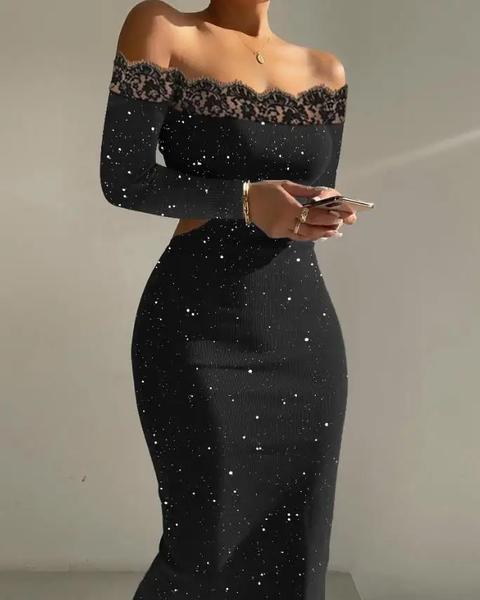 

Sparkling Contrasting Lace Trim, Off Shoulder Long Sleeved Slim Fit, Buttocks and Waist Hollowed Out Women's Fashion Dress