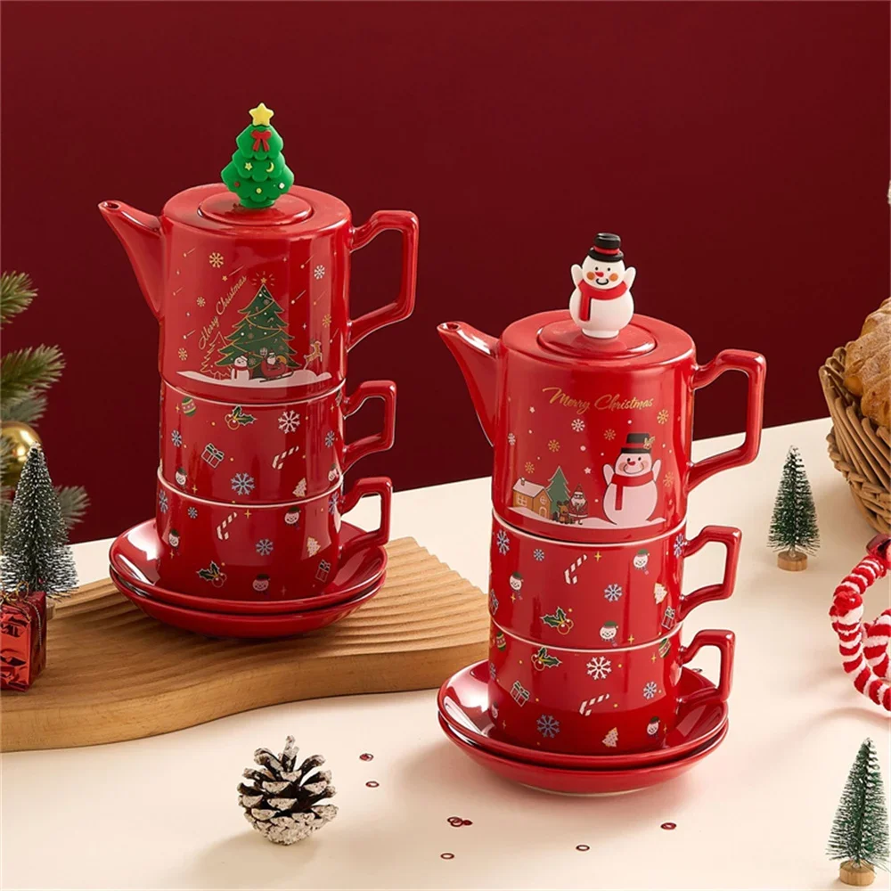 Red Santa Claus Snowman Elk Teapot teacup Christmas Ceramics Teaware Sets Coffee Cup Saucers Stackable Xmas Gift Ceramics Cups