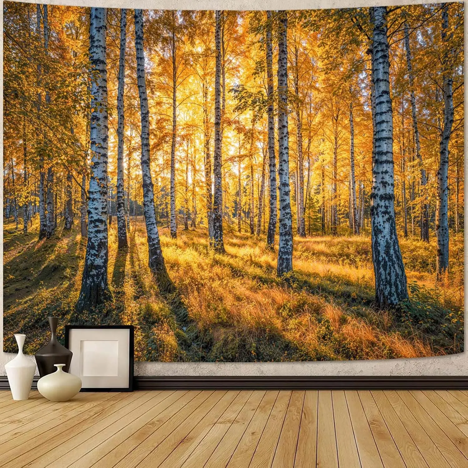 High Quality Autumn Forest Birch Landscape Tapestry Wall Hanging Gold Nature Decor Bohemian Style Artwork Polyester Room Decorat