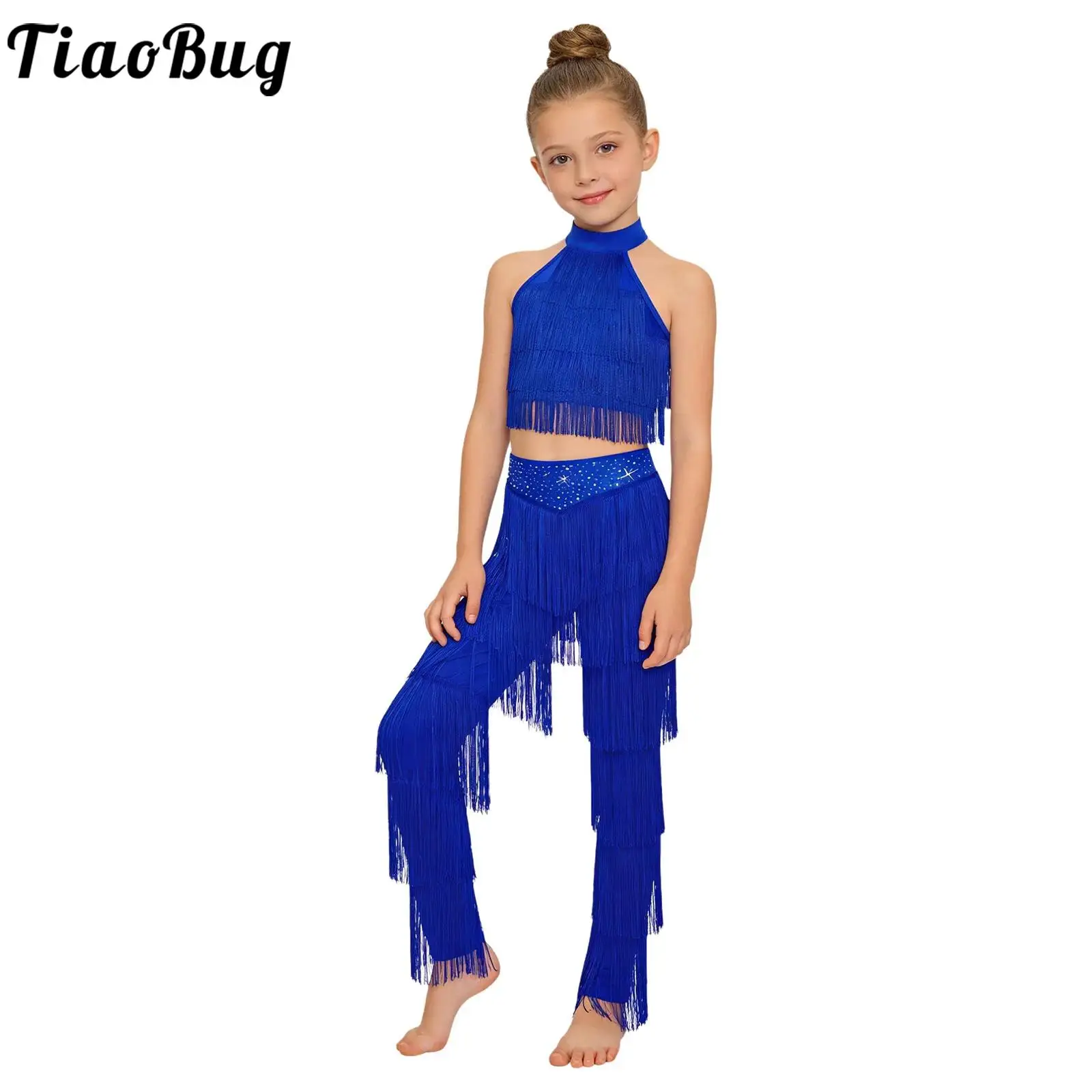 Kids Girls Latin Salsa Tango Dance Costume Sleeveless Tiered Tassels Crop Top with Pants for Samba Rumba Dance Stage Performance