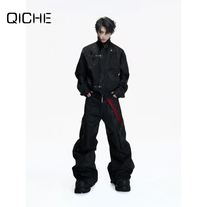 QICHE Stand Collar Aircraft Buckle PU Leather Jacket for Men, New Chinese Faux Snake Pattern High Street Stylish Outerwear