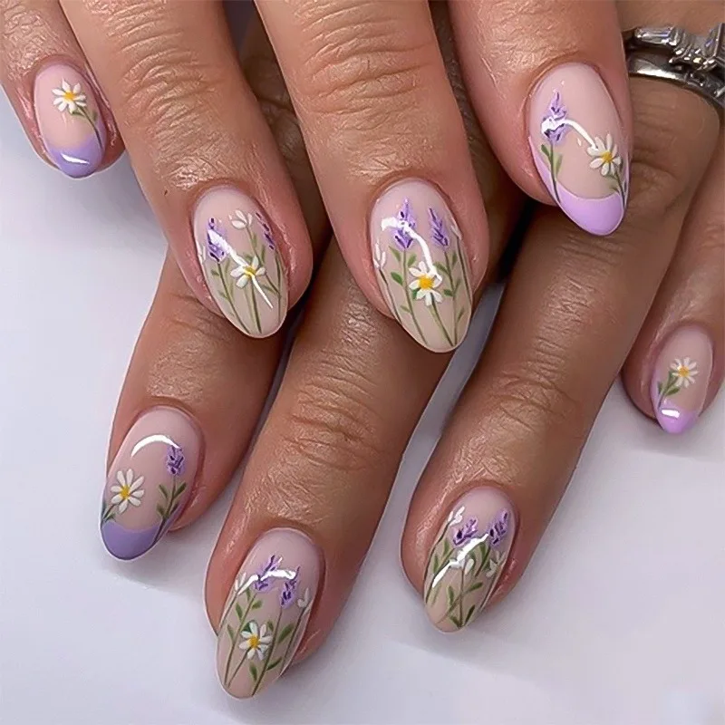 

24 Pcs Spring Summer Nails Press Ons Flower French Purple Fake Nails Almond Nail Art Tips Self-nail Ready-made Artificial Nails