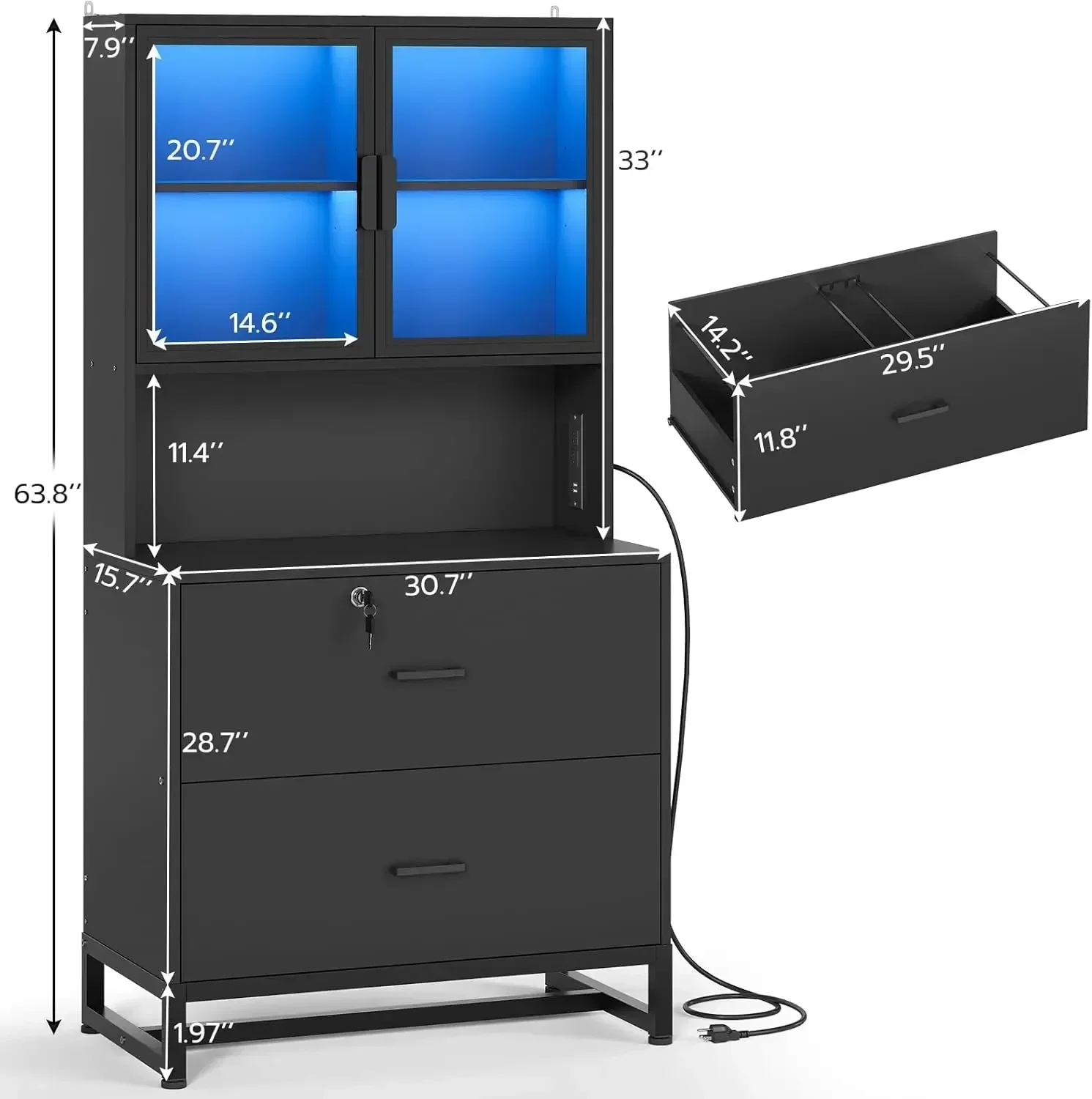 Black Wood File Cabinet With Lock Charging Station Bookshelf Printer Stand Storage Shelf Fits Letter Legal A4 Size For Home Offi