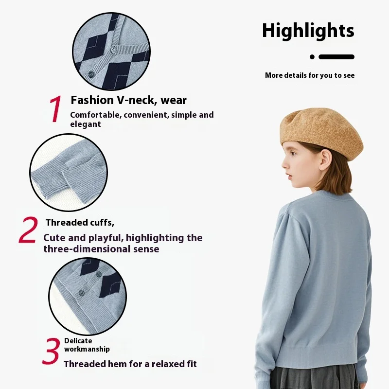Spring Autumn Teens Kids Cardigan Cotton V-Neck Knitwear Sweater Preppy Style Boys Girls Top Clothes Casual Versatile Outerwear