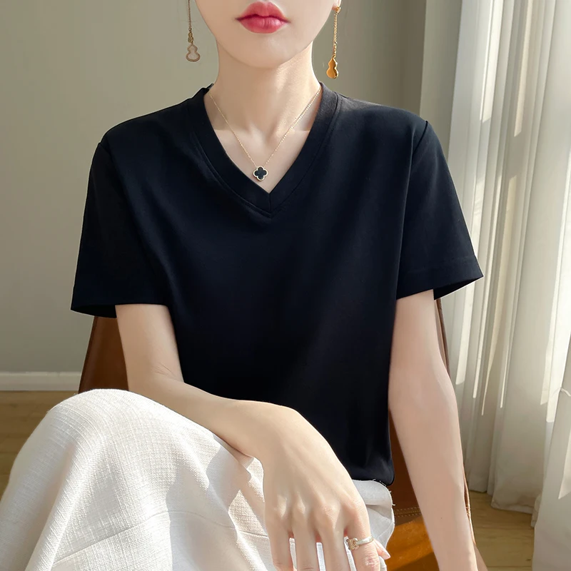 Summer Cool Cotton Short-Sleeved 100% Cotton Women's T-Shirt Cool Shoulder Pure White Shirt T-Shirt