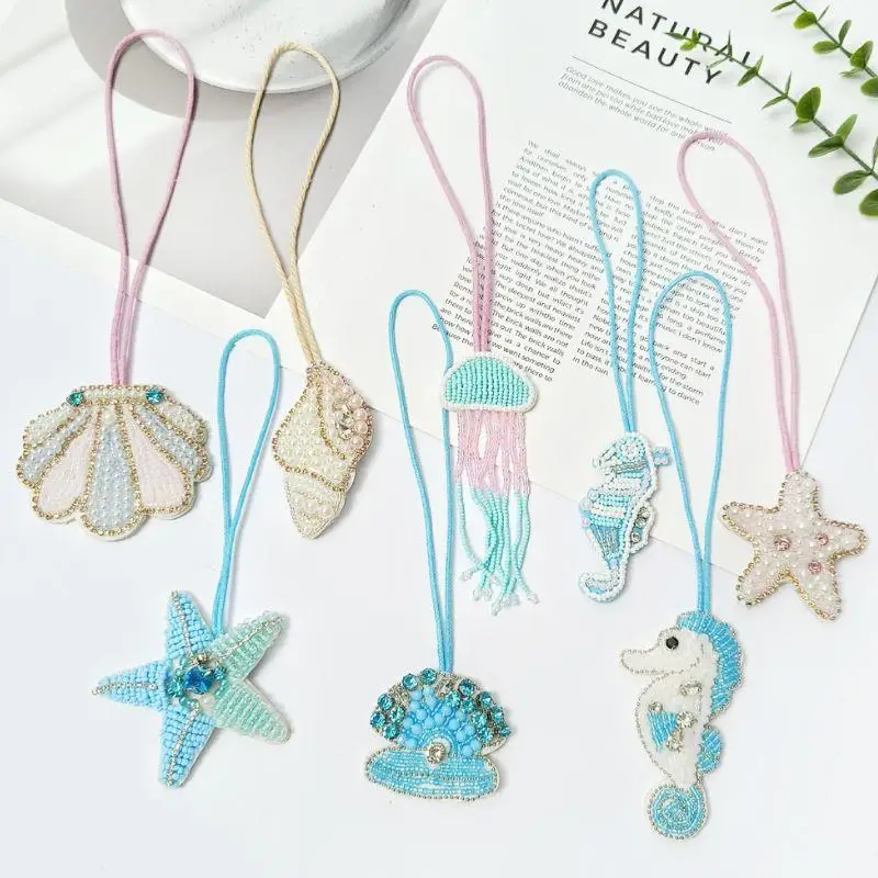 Whale Coconut Tree Starfish Hanging Rope Keychain 3d Handmade Rhinestone Beaded Patches Crystal Bag Lanyard Hanging Decoration