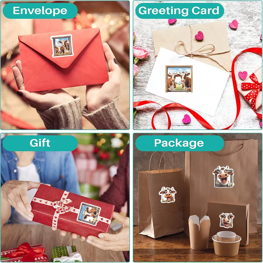 150 Pcs Cartoon Cow Stickers, Funny Square Labels for Journals, Scrapbooks, Bottles, Packaging, DIY Crafts