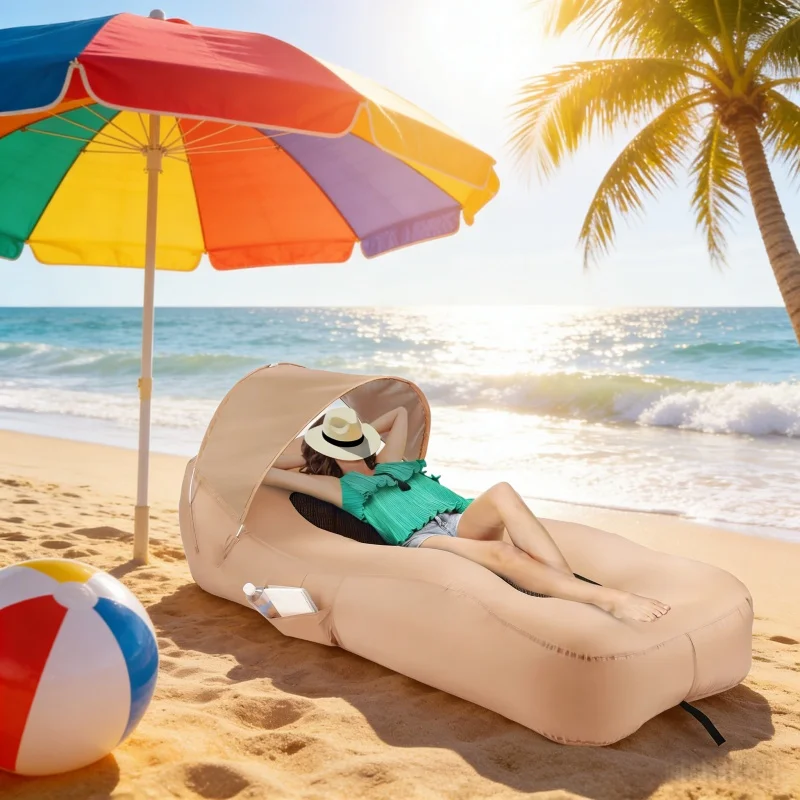 Inflatable Lounger Beach Chair with Sun-Shade, Waterproof Inflatable Couch Blow up Hammock for Hiking Backyard Beach Festivals