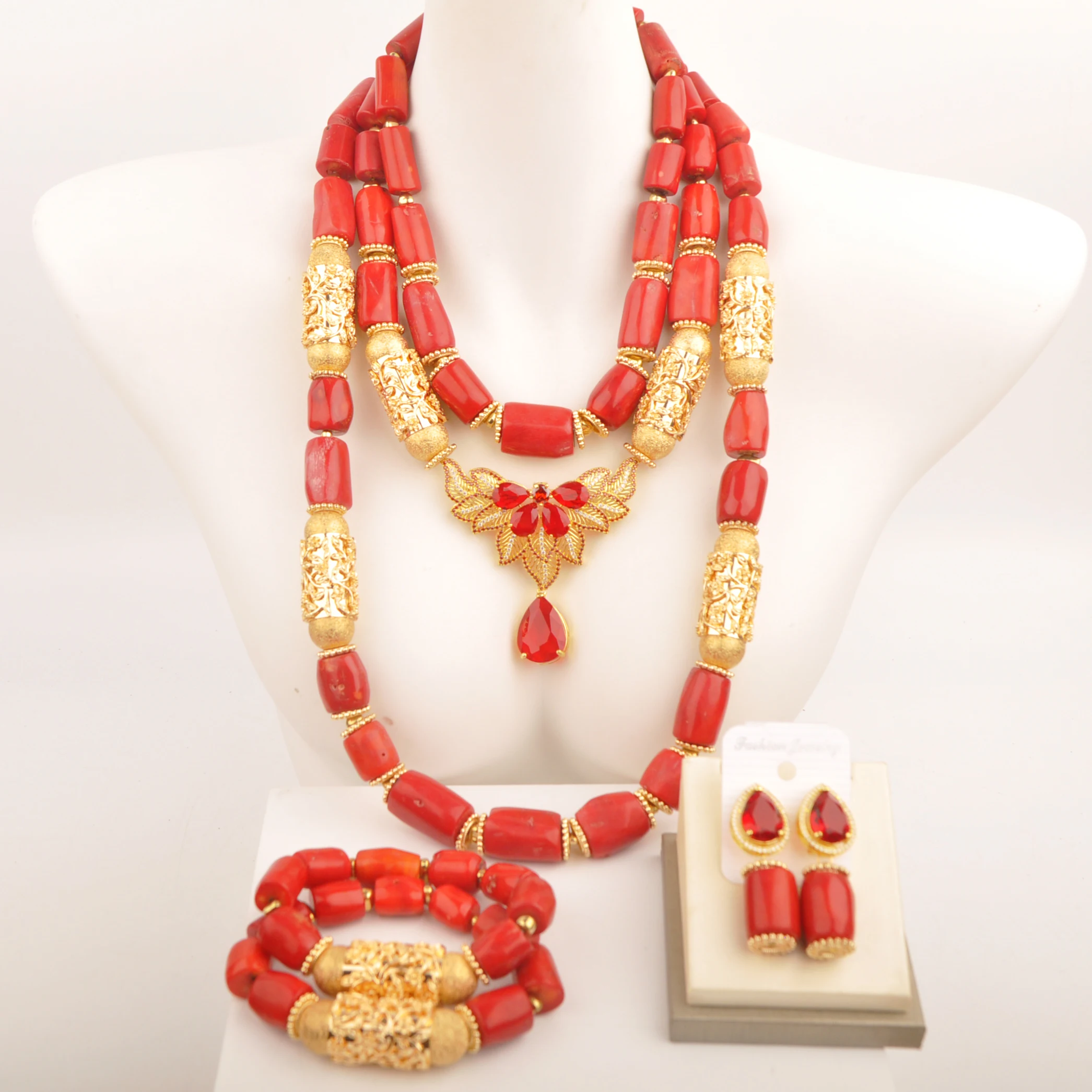 

Nigerian Coral Beads Necklace African Bride Jewelry Set for Weddings