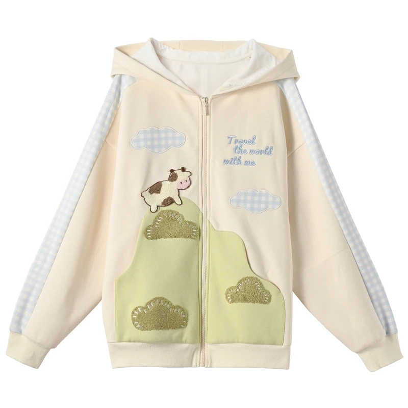 2025 Spring and Autumn New Cute and Fun Multi-color Student Women's Jacket Hooded Casual Sweatshirt Beige Knitted Short Skirt