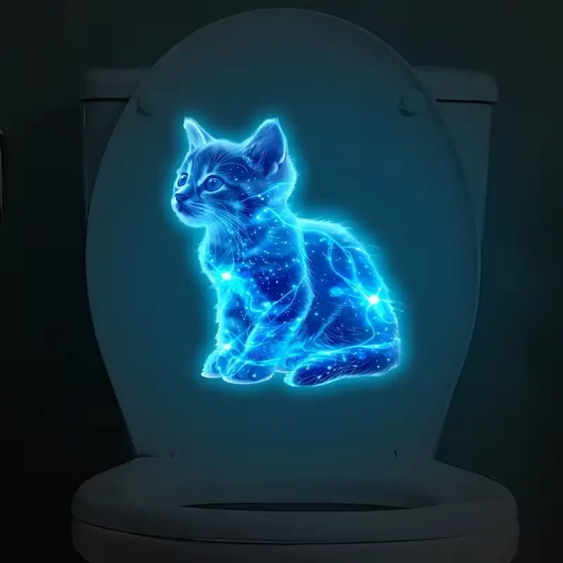 Glow-In-The-Dark Galaxy Cat Toilet Seat Sticker Self-Adhesive And Removable Perfect For Decorating Toilet Lids And Tanks