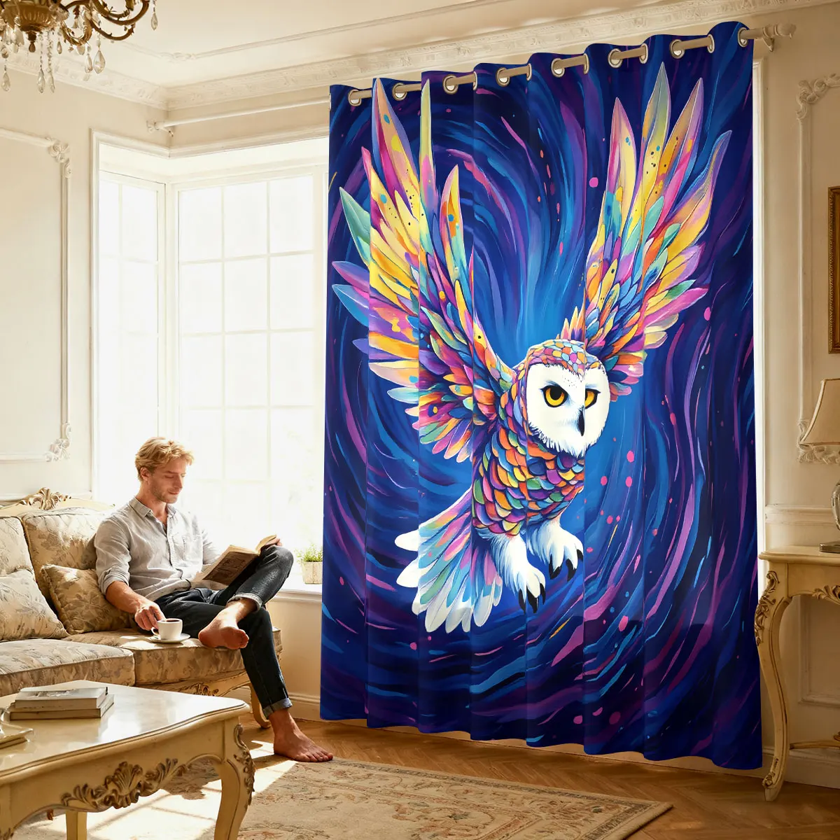 1PC Colorful Starry Sky Flying Owl Print Single Loop Curtain For Living Room Bedroom Door Window Stylish Home Decor view 4