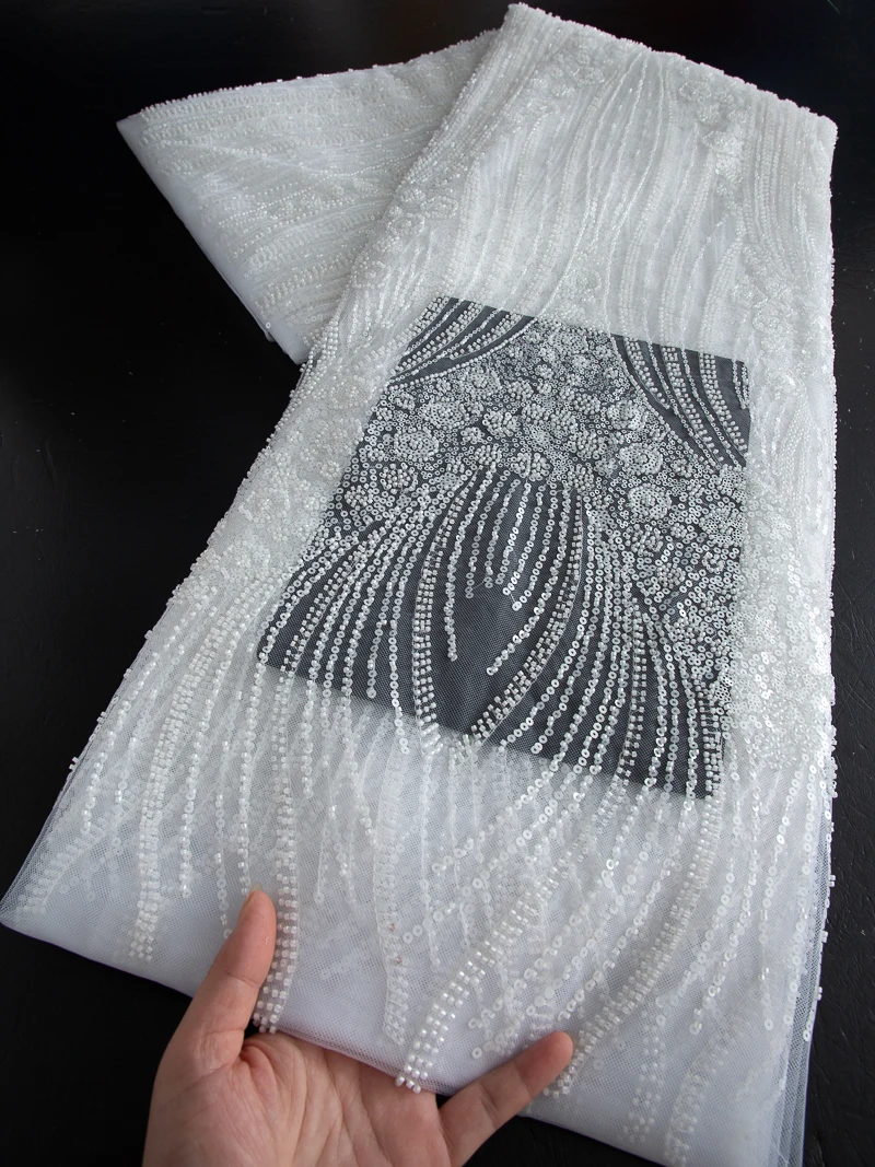 

Luxury French Mesh Lace Fabric High Quality African Beaded Lace Embroider Fabrics Sequins For Sew Wedding Dresses, 5yards TY4546
