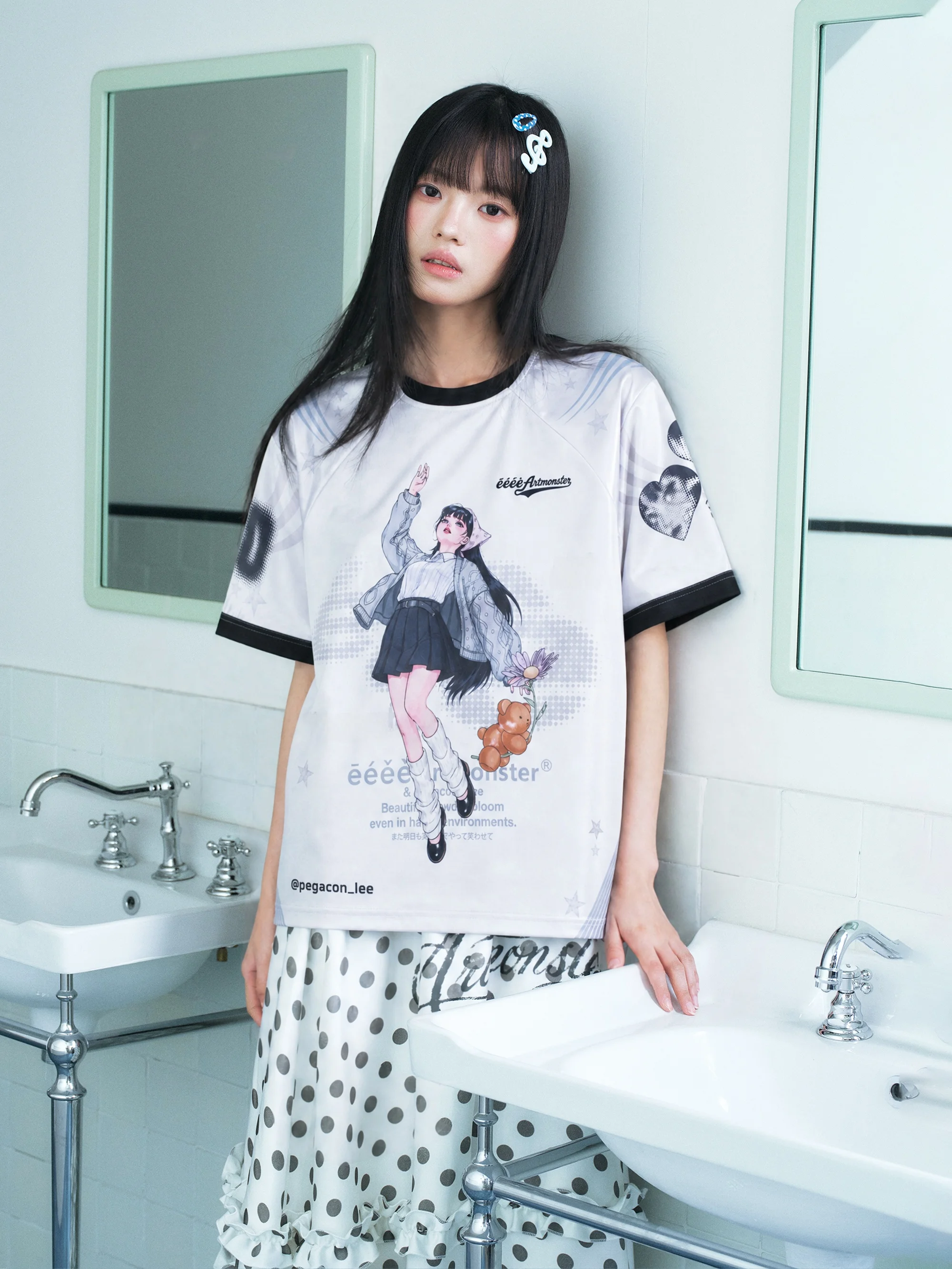 Deconstructed Letter Polka Dot Short Sleeve T-Shirt 'Suspended World' Eeee X Pegasus Girl Feel Summer Digital Print round Neck