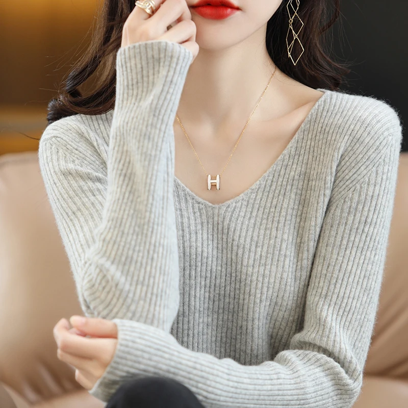 الشتاء المرأة طويلة الأكمام الصوف البلوز سترة الخامس الرقبة محبوك الرباط سترة مرونة عالية الجودة لينة #2