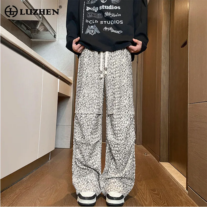 

LUZHEN Fashion Textured Pattern Tie-dyed Straight Trousers Men's 2025 New Elastic Waist Drawstring Wide Leg Casual Pants JY4069
