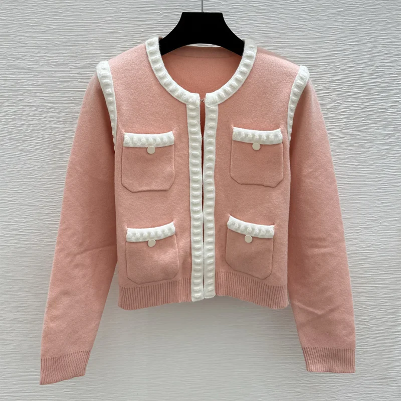 

Высококачественный мягкий и плюшевый женский кардиган с разноцветной каймой и несколькими карманами, короткий свитер 251016134