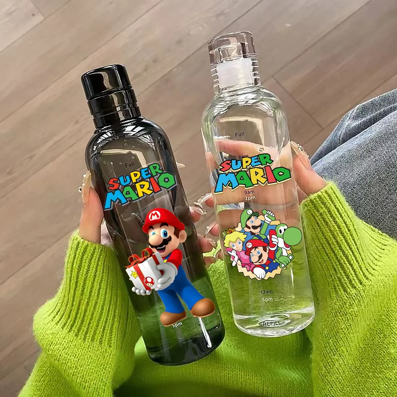 Mario 500ml/750ml time scale glass cup cartoon large capacity cold brewed coffee bottle portable external transparent water cup