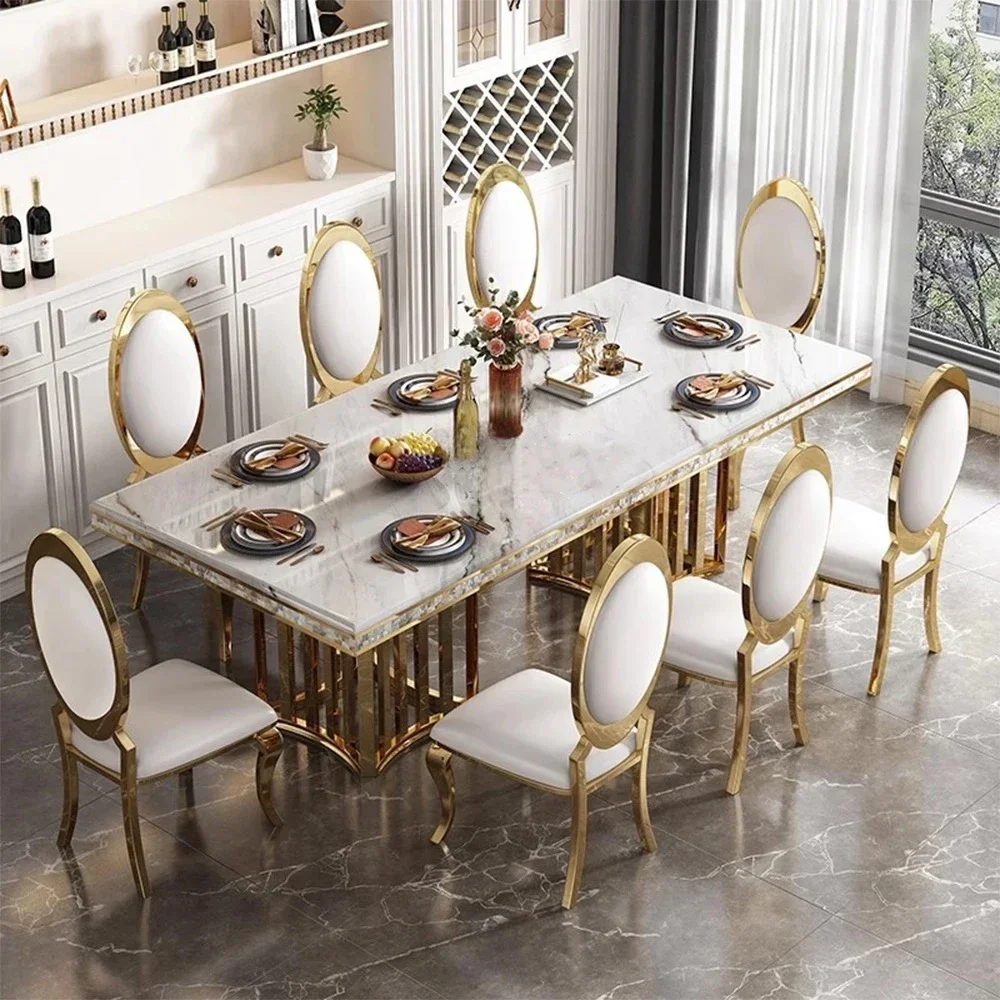 Modern luxury marble gold sliver metal legs dining tables dinner set chairs table 6 8 10 seater dinning room furniture for home