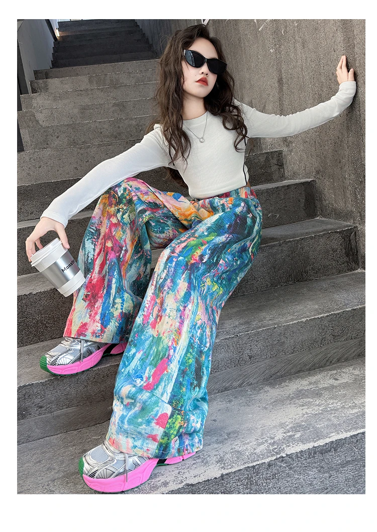 Street-Style Kinder-Jeans mit Bunten Prints für Teenager-Mädchen, Modische Hip-Hop-Tanz-Jeans, Trendige Hiphop-Denim-Hosen für Kinder – Detail 3