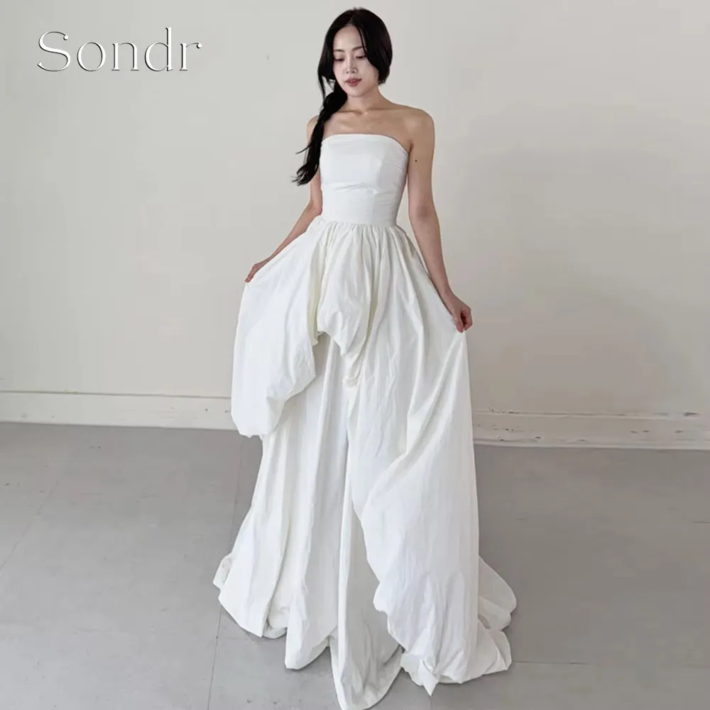 Sondr Customized Strapless Taffeta Korean Wedding Dresses Tiered Fluffy Wedding Party Dresses A Line Bridal Photo Shoot Gown