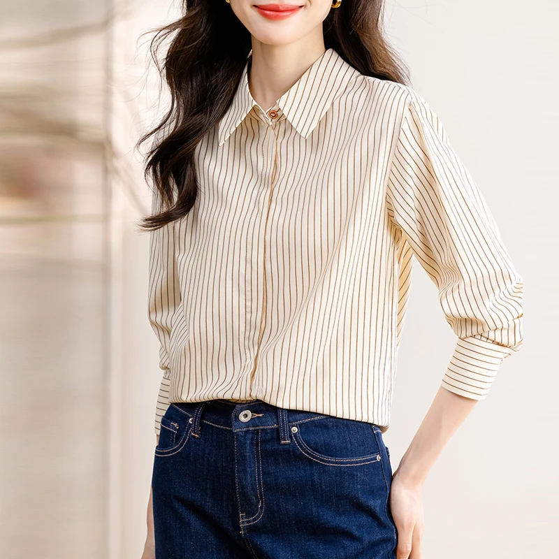 

2025 New French Style Long Sleeve Classic Striped Shirts Women's Office Work Wear Formal Blouses Casual Tops For All Seasons