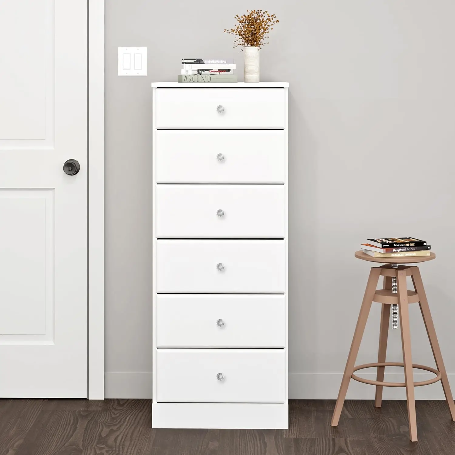 Astrid Simplistic 6-Drawer Tall Dresser for Bedroom, Functional Chest of Drawers with Acrylic Knobs, 16.5